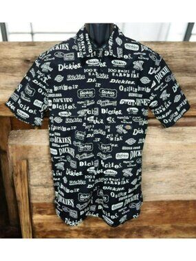 Dickies Mens Black Button-Up Shirt Size Small With Logo Print Short Sleeve